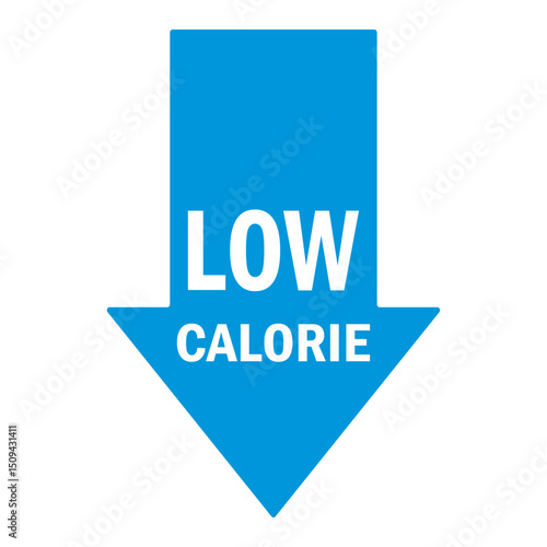 Low Calorie blue arrow on white background vector illustration. Low cal food icon, for packaging of low calories diet products blue arrow down. Healthy lifestyle concept. EPS 10