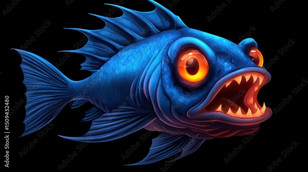 Fototapeta premium Vivid Blue Fish with Bright Orange Eyes and Sharp Teeth Swimming in Dark Background