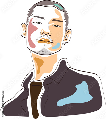 bald asian man art painting sketch style