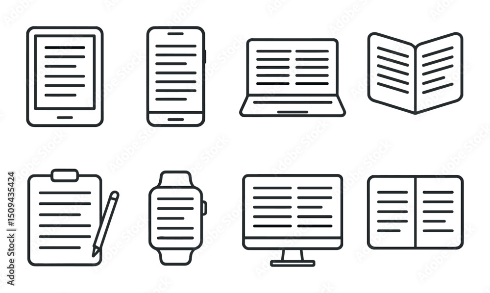 Digital reading devices line icons set – outline, e-readers and tablets graphics Digital reading devices line icons set – outline, e-readers and tablets graphics