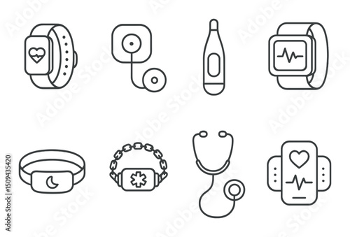 Healthcare wearables silhouette icons set – medical, fitness and monitoring symbols