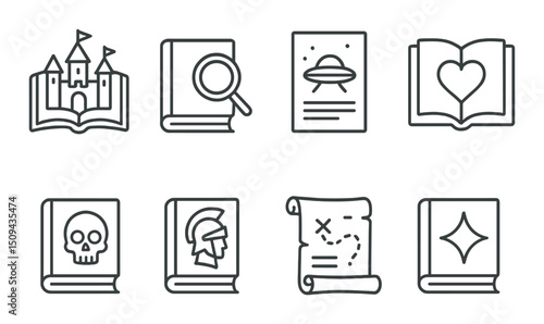 Story genres outline icons set – linear, narrative and literary symbol collection
