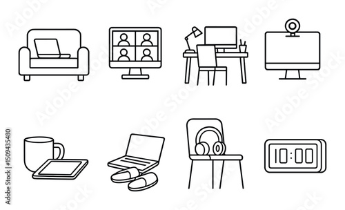 Remote office essentials linear icons set – outline, workspace and telecommuting graphics