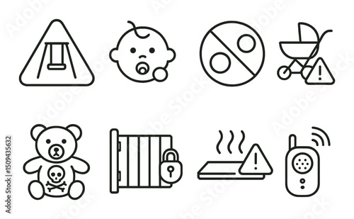 Child safety outline icons set – protection, security, and hazard warning symbols