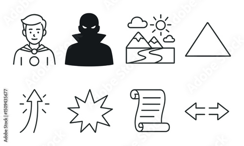 Story elements outline icons set – simple, compose and narrative symbols collection