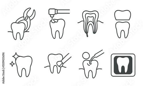 Dental procedures silhouette icons set – tooth, oral care and hygiene symbols