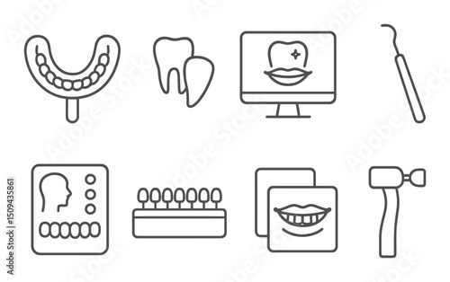 Cosmetic dentistry tools outline icons set – dental, healthcare and oral care symbols