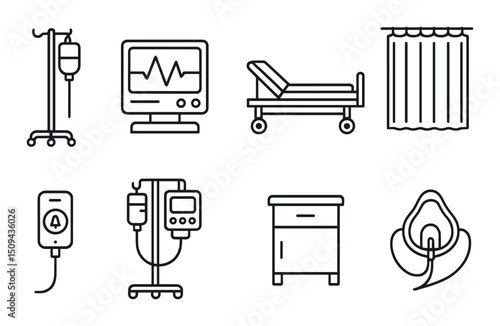 Hospital room outline icons set – medical, healthcare, and equipment symbols
