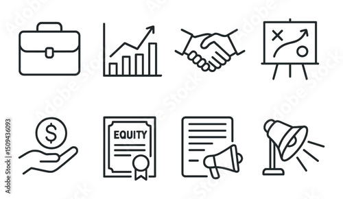 Startup and business linear icons set – outline, entrepreneurship and exit strategy symbols