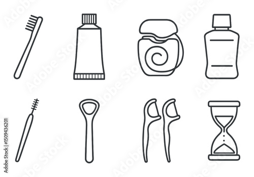 Dental hygiene outline icons set – oral care, teeth cleaning symbols in silhouette
