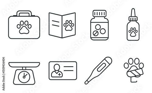 Pet health outline icons set - veterinary, care, and wellness symbols