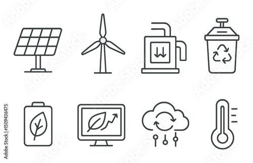 Environmental tech outline icons set – sustainable, eco-friendly technology symbols