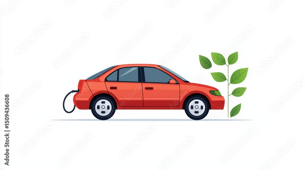 Fototapeta premium Red Car Charging with Leaves Symbolizing Eco-Friendly Transportation and Sustainability Concepts
