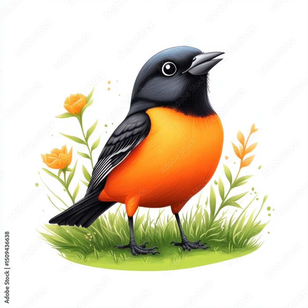 Obraz premium Brightly Colored Bird in a Natural Setting Surrounded by Floral Elements