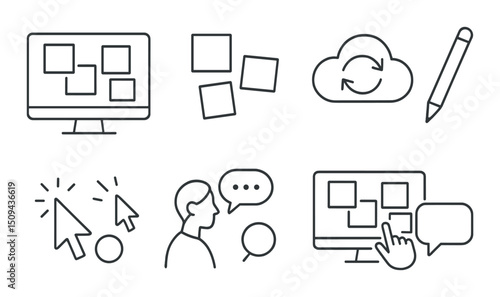 Digital brainstorming icons set - linear, creative thinking and idea generation symbols
