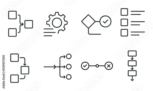 Workflow management linear icons set – process, task flow, productivity symbols