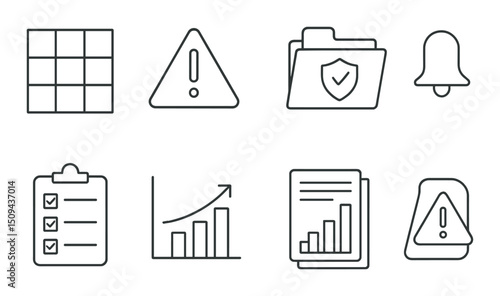 Risk management line icons set – outline, safety and security strategy symbols