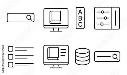 Library and interface outline icons set – simple, database and search elements