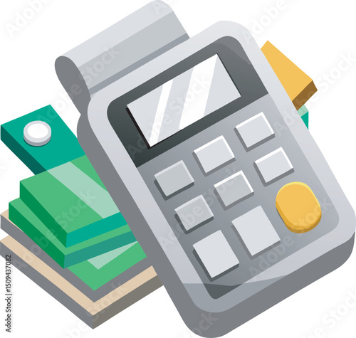 Vector illustration of a 3D Silver Calculator. Business and finance. Cartoon design of office supplies and stationery
