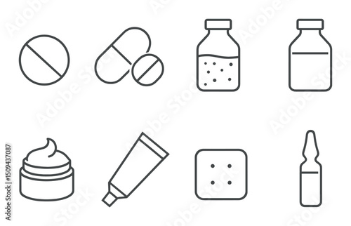 Drug dosage forms outline icons set – silhouette, medication and pharmaceutical symbols
