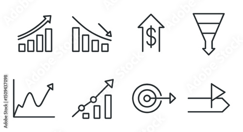Business and finance linear icons set – outline, growth and success symbols
