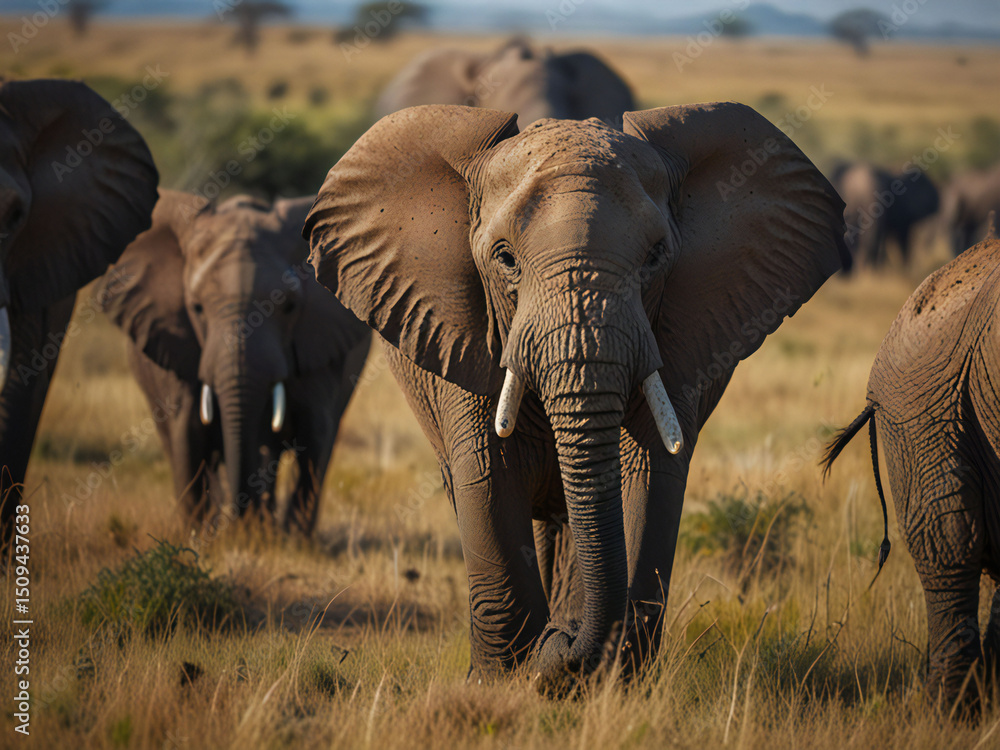 Fototapeta premium A herd of African elephants walking across the savannah