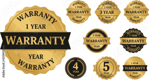 1, 2, 3 and 5 year warranty logo set in golden color vector illustration. One, two, three and five year Warranty labels, stamp designs in golden and black color. Set of golden warranty vector template