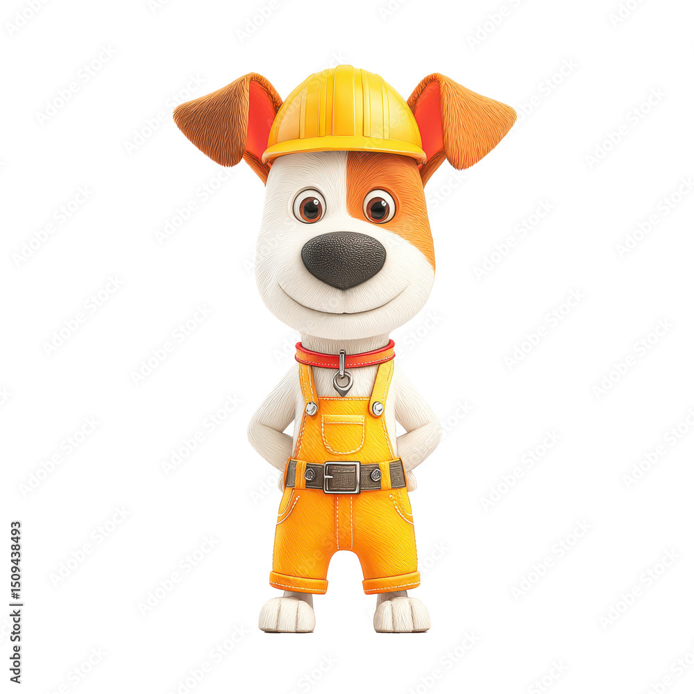 Fototapeta premium Cute 3d cartoon dog dressed in a construction outfit full body view showing enthusiastic expression with hard hat
