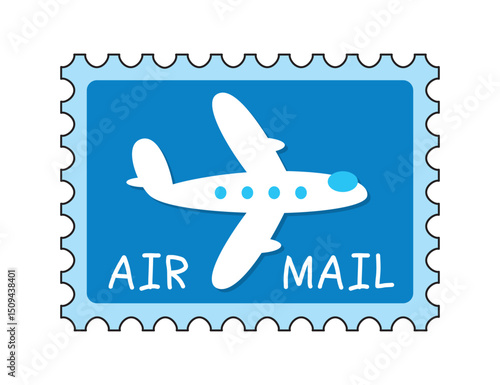 Air mail postage stamp with an airplane isolated cartoon vector illustration