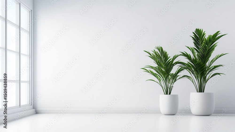 Fototapeta premium Lush Green Indoor Plants in Minimalist White Room With Natural Light