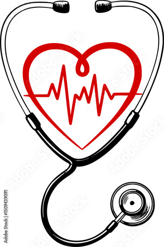 Heart-Shaped Stethoscope with EKG Line – Red and black Medical Sketch Illustration, Hand-Drawn Brushstroke Style Healthcare Symbol, Doctor and Nurse Appreciation Vector on White Background