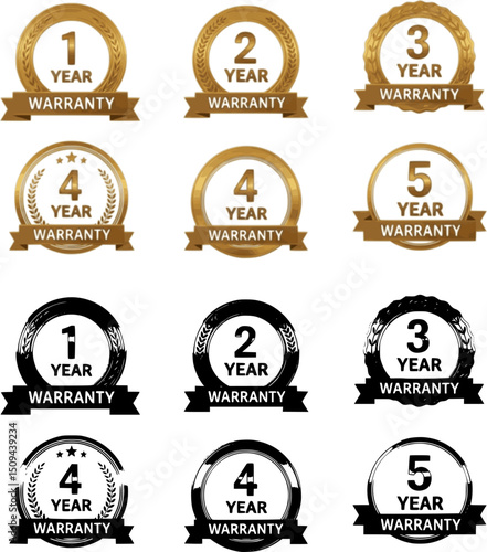 1, 2, 3 and 5 year warranty logo set in golden color vector illustration. One, two, three and five year Warranty labels, stamp designs in golden and black color. Set of golden warranty vector template