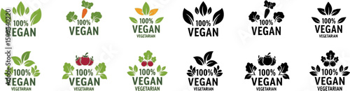 vector set of 100% percent vegan logo a vegetarian vector template
