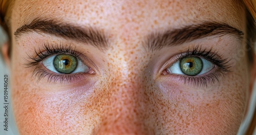 Freckled face with bright green eyes focused close up