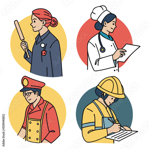 Funny cartoon characters of a man and woman working in different jobs