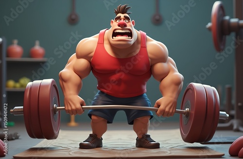 A 3D cartoon muscular weightlifter straining with an oversized barbell, face red and cheeks puffed, standing on a gym mat