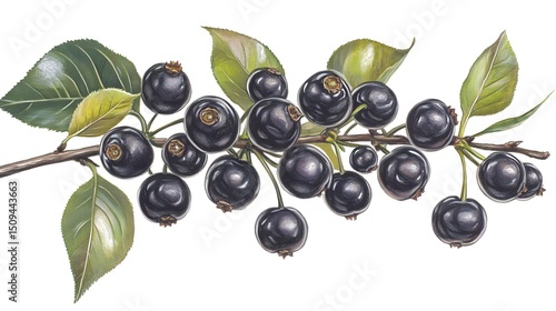 Realistic Black Aronia Berries Branch Illustration Botanical Drawing