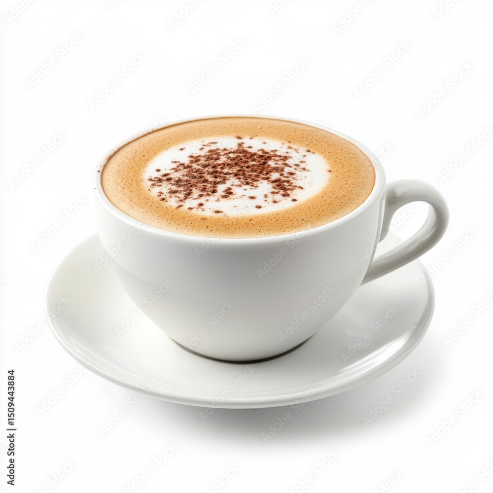 Creamy Coffee with Cocoa Sprinkles Served in Elegant White Cup on Saucer Creamy Coffee with Cocoa Sprinkles Served in Elegant White Cup on Saucer
