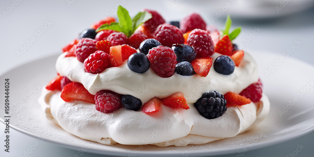 Layered pavlova dessert with whipped cream and mixed fresh berries on a white plate
Layered pavlova dessert with whipped cream and mixed fresh berries on a white plate
