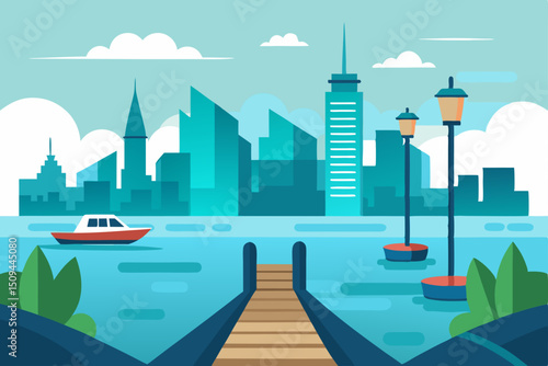 Serene Cityscape Waterfront View with Dock and Boats