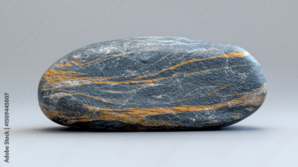 Naklejka premium Smooth, striped stone with gold veins on grey backdrop