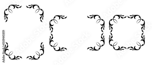 Set of Ornamental Floral Frames with Swirl Elements. Square and Rectangular Border Designs in Vintage, Baroque, Tattoo-Inspired Style. Elegant Decorative Elements for Invitations, Labels, or Graphic