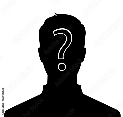Silhouette of a Man with Question Mark on Face. Unknown Identity, Wanted Criminal, Mystery Person, Missing Individual, Anonymous Subject, Investigation or Suspicion 

