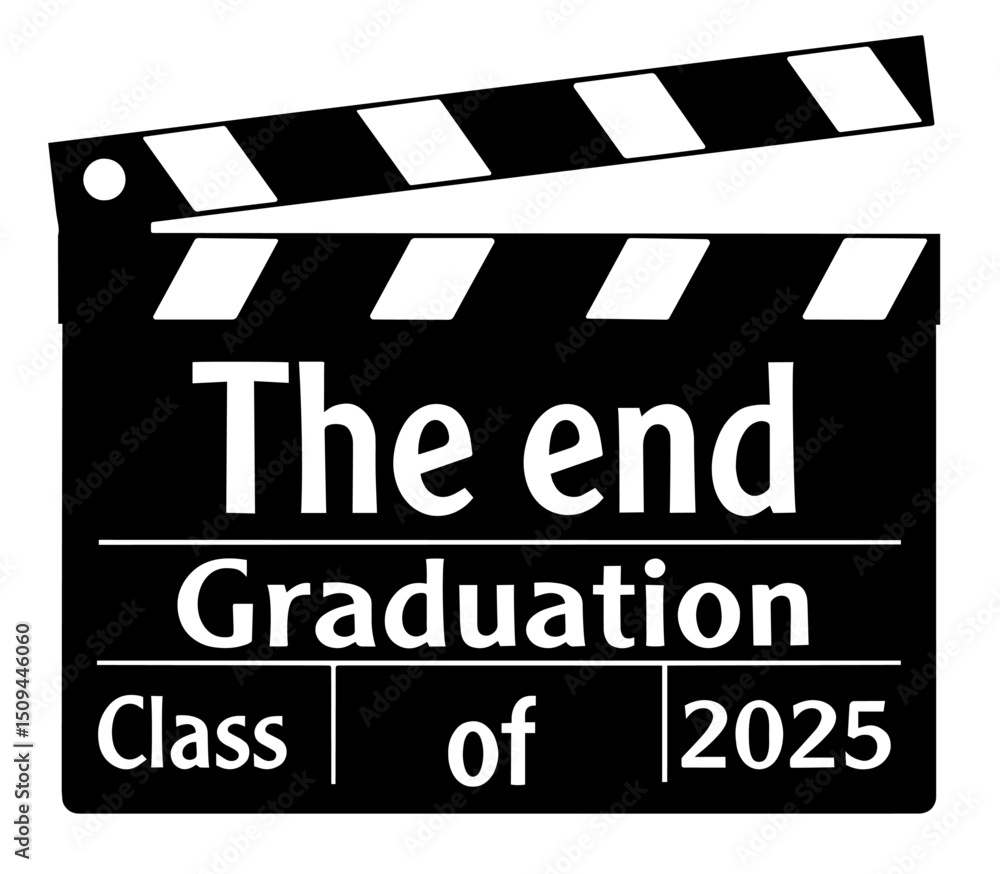 Obraz premium Cinematic Graduation Design Featuring Movie Clapperboard with “The End – Class of 2025” Text. Graduation, Farewell Ceremony, Completion of School Journey, Student Celebration, New Beginnings