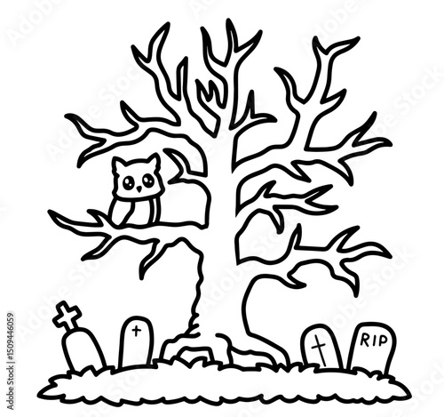 Spooky Halloween Illustration of a Bare Tree with an Owl Sitting on a Branch, Surrounded by Gravestones. Cemetery Scene, Creepy Atmosphere, Scary Night, Gothic Holiday, Fear, Mystery