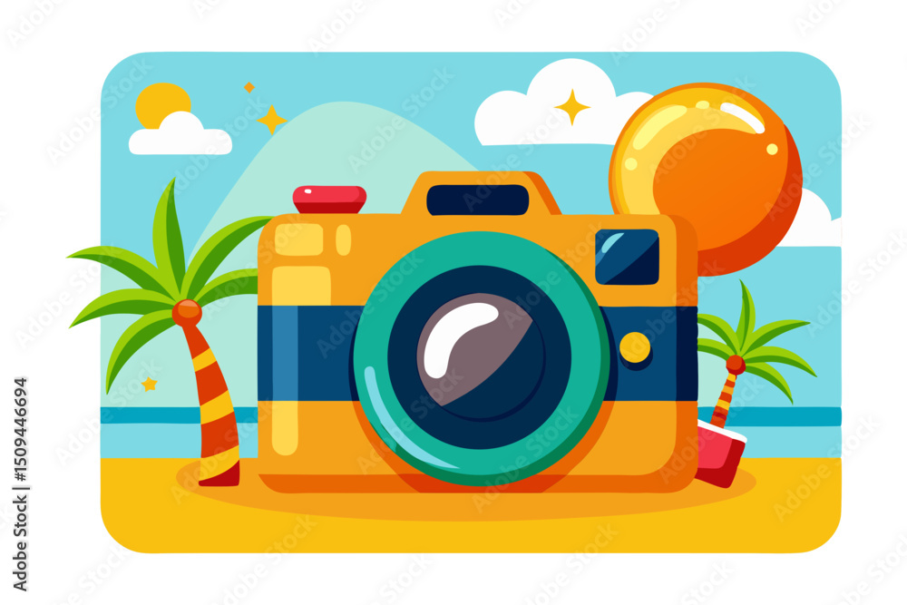 Obraz premium A colorful cartoon camera on a beach with palm trees, an ocean, and a large orange ball.