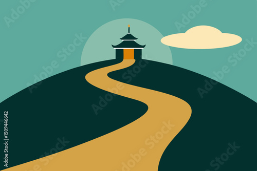 The endless asphalt road stretches through a green landscape toward the horizon, a path to future success under the summer sky