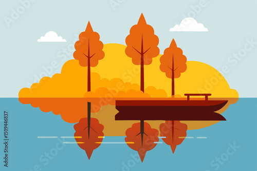 Autumn nature landscape with colorful maple and oak foliage, a beautiful scene of trees and a lake