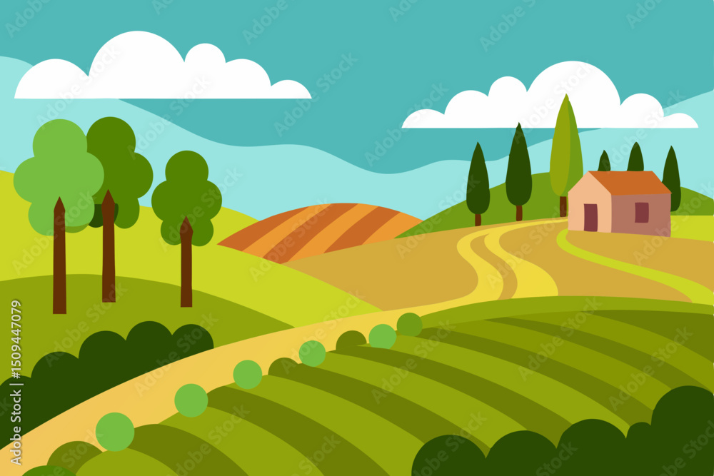 Obraz premium Vibrant summer rural landscape illustration with green trees, fields, and hills under a bright sky with clouds