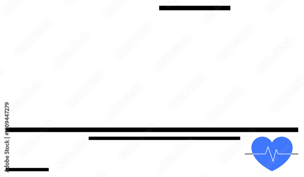 Blue heart with white cardiogram surrounded by horizontal black lines of varying lengths and spacing. Ideal for medical, health, wellness, cardiology, fitness tracking, data visualization, simple Blue heart with white cardiogram surrounded by horizontal black lines of varying lengths and spacing. Ideal for medical, health, wellness, cardiology, fitness tracking, data visualization, simple